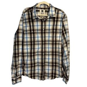 Levi's Pearl Snap Shirt Men's XL Brown Blue Plaid Western‎ Flap Pockets Rodeo